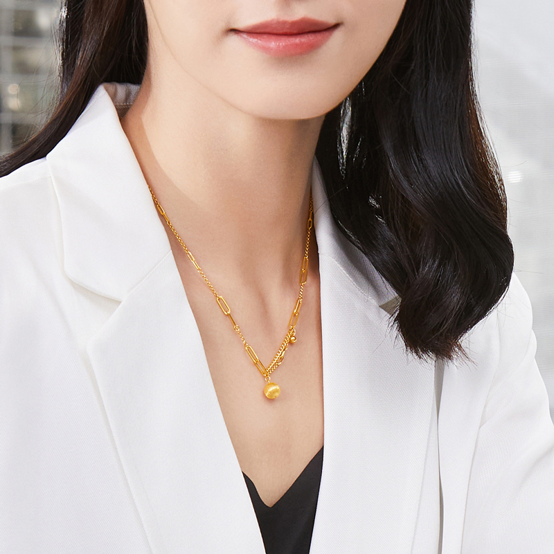 六福珠宝有球币应黄金项链女小金球吊坠光影金套链计价GJGTBN0003【联系客服补货】