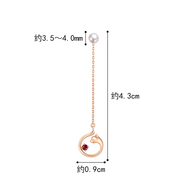 六福珠宝猫主子红宝石淡水珍珠18K金耳钉单只定价cMDSKE0012R【联系客服补货】