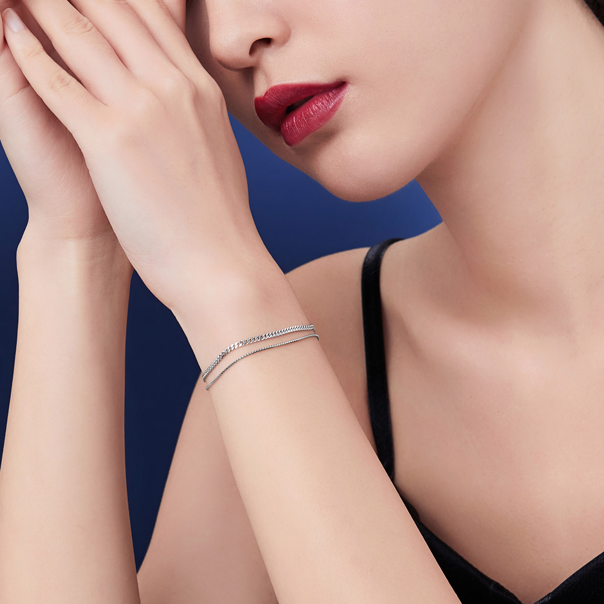 六福珠宝双层链Pt950铂金手链女白金手链送礼计价L04TBPB0019