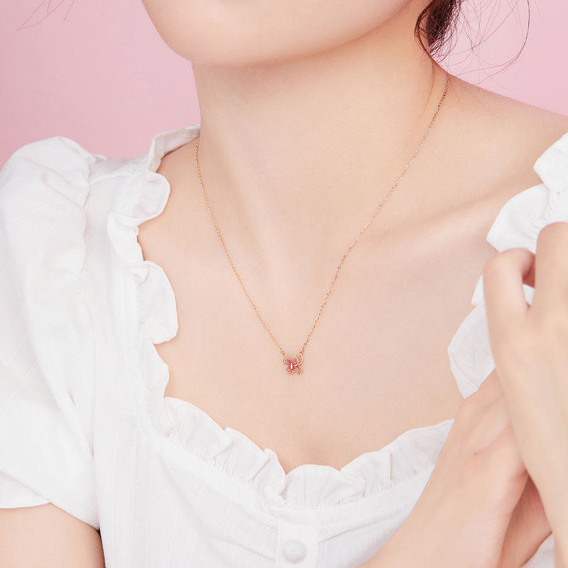 六福珠宝蝴蝶套链18K金项链鎏彩工艺玫瑰金吊坠女000844UA