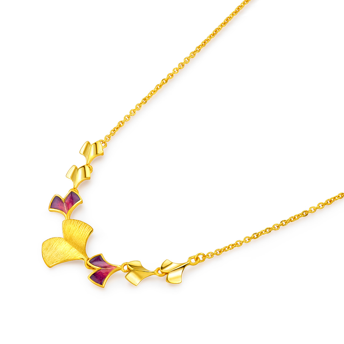 六福珠宝银杏叶渐变鎏彩工艺黄金套链含延长链送礼计价GDG30068【联系客服补货】