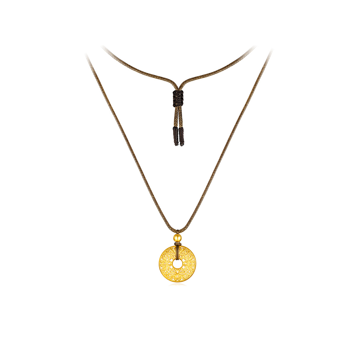 六福珠宝花丝镂空黄金吊坠项链女莲花足金平安扣计价EZGTBP0001【1V1直播看货】