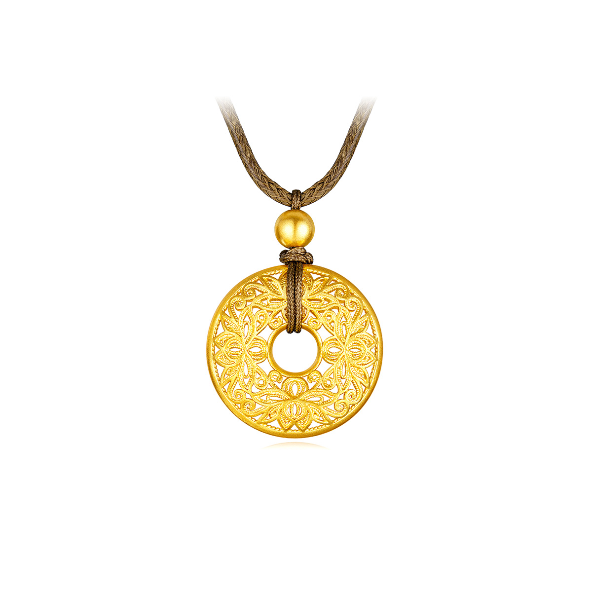 六福珠宝花丝镂空黄金吊坠项链女莲花足金平安扣计价EZGTBP0001【1V1直播看货】