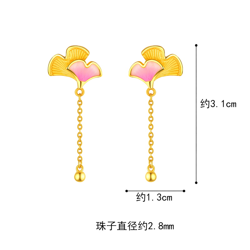 六福珠宝银杏耳钉实心黄金耳环女鎏彩工艺婚嫁耳坠秋季金饰计价GDGTBE0062【联系客服补货