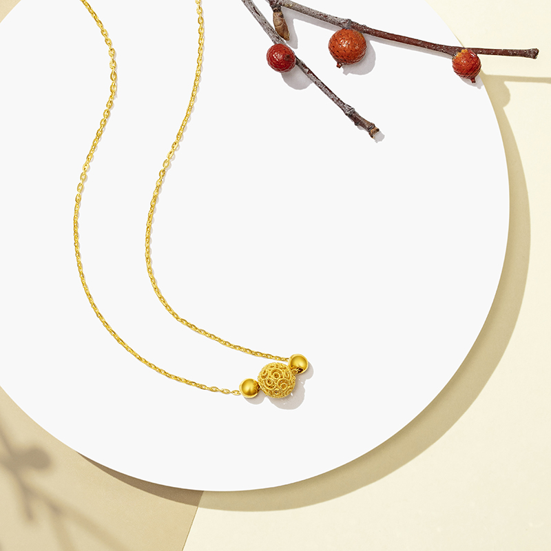 六福珠宝花丝玲珑黄金项链女足金计价F63TBGN0015