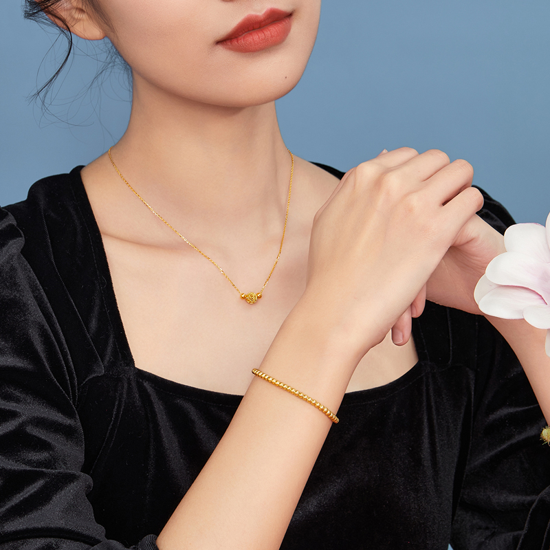 六福珠宝花丝玲珑黄金项链女足金计价F63TBGN0015