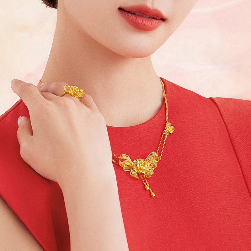六福珠宝花丝蝴蝶结黄金项链女婚嫁礼可刻字金套链计价GDGTBN0043【联系客服补货】