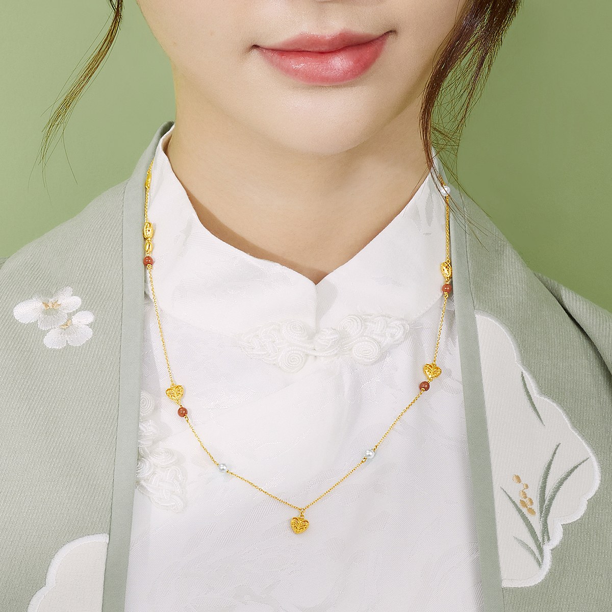 六福珠宝福满传家古法黄金项链女玉髓珍珠套链送礼计价EZGTBN0002【1V1直播看货】