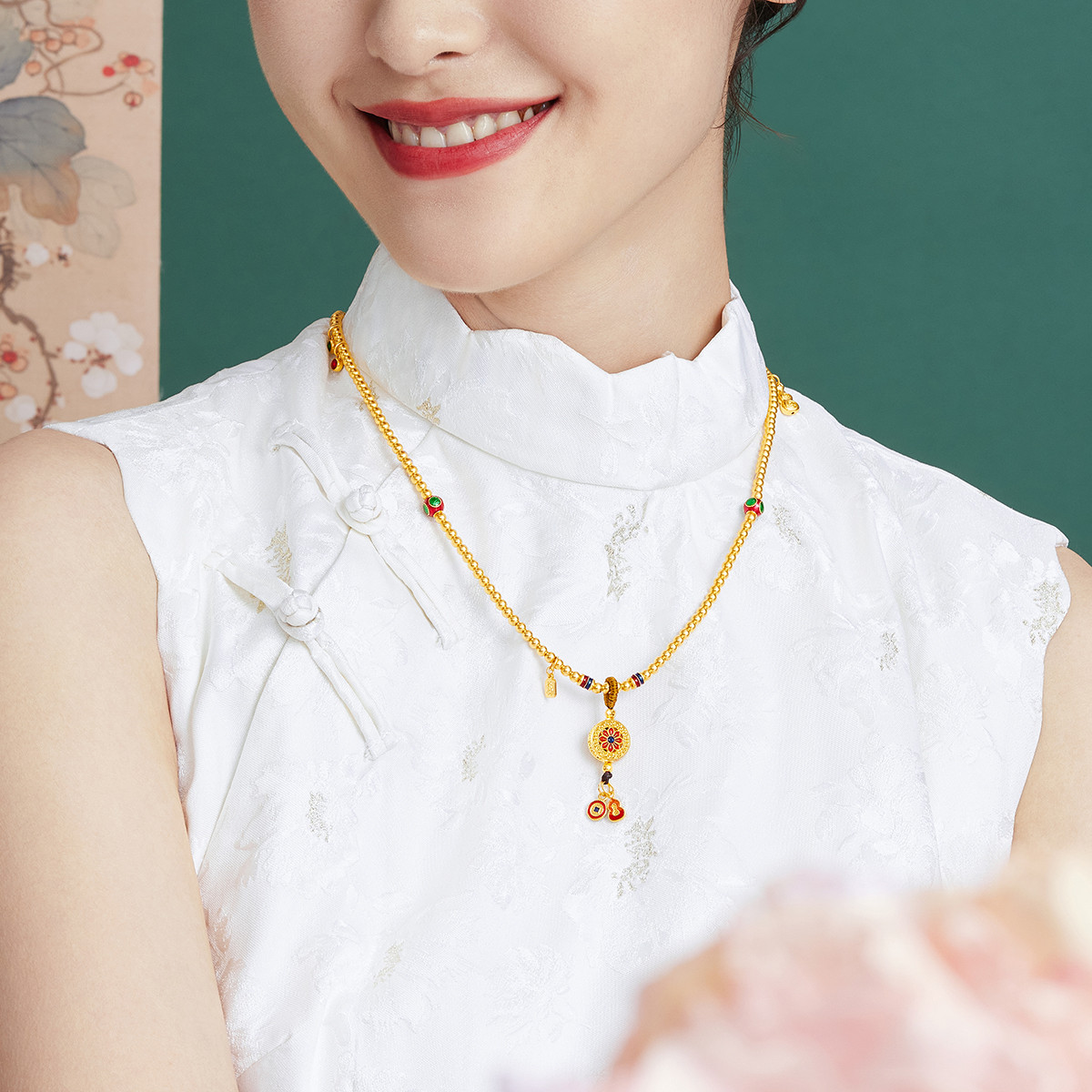 六福珠宝福满传家古法黄金项链鎏彩手链三圈手串计价F63TBGN0027【1V1直播看货】