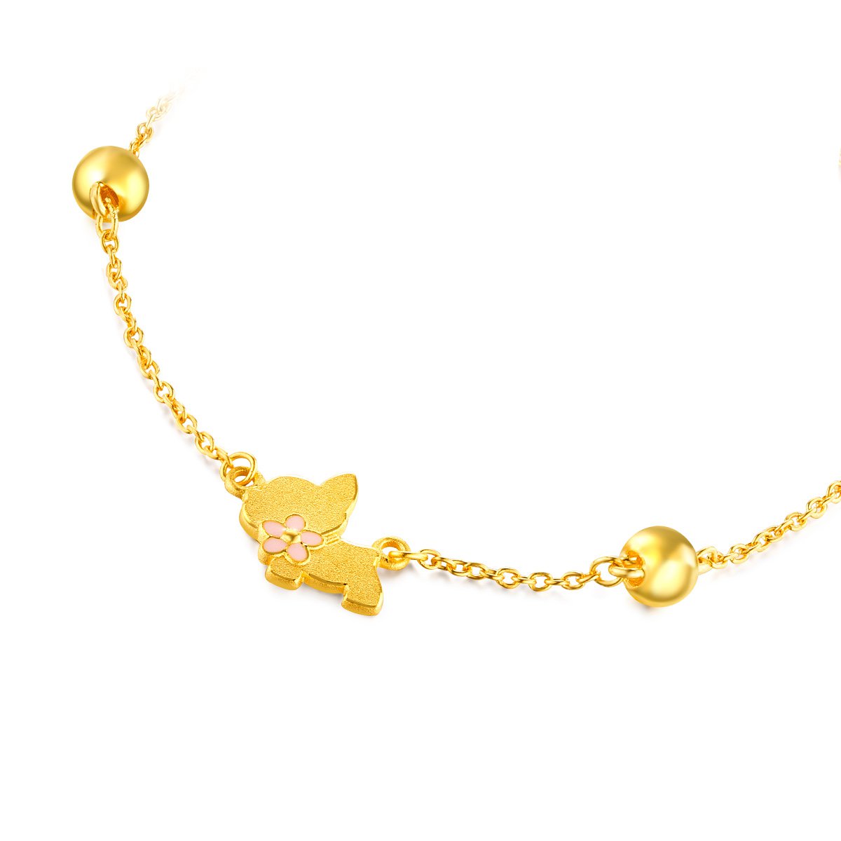 六福珠宝足金鎏彩工艺手链樱花小狗黄金手链送礼计价L07TBGB0004