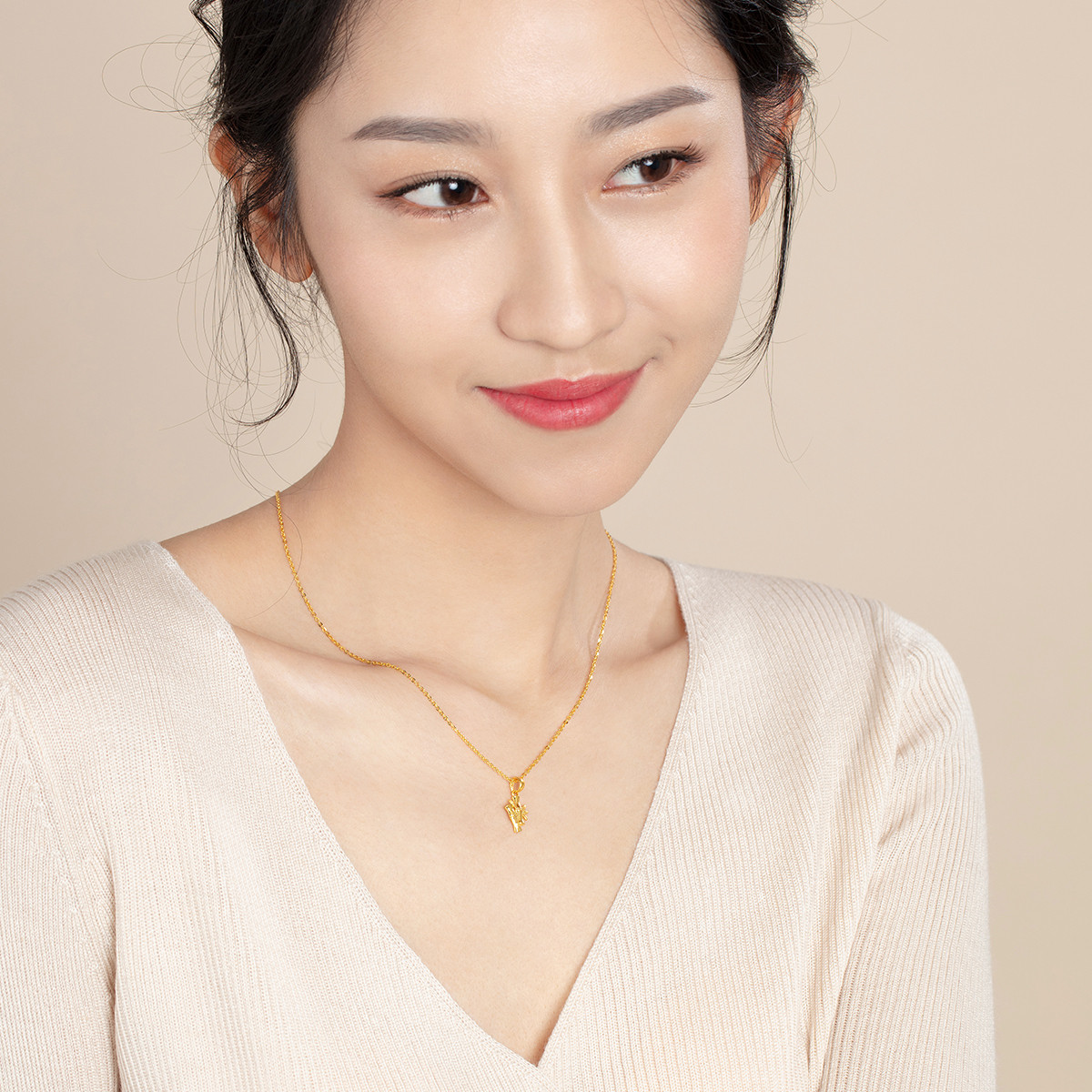 六福珠宝节节高升黄金项链吊坠女竹节挂坠不含链计价G01G0029DS