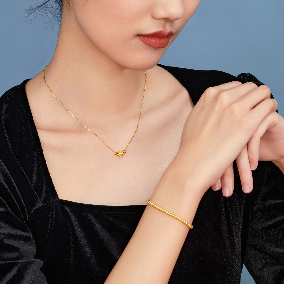 六福珠宝花丝玲珑黄金项链女足金计价F63TBGN0015