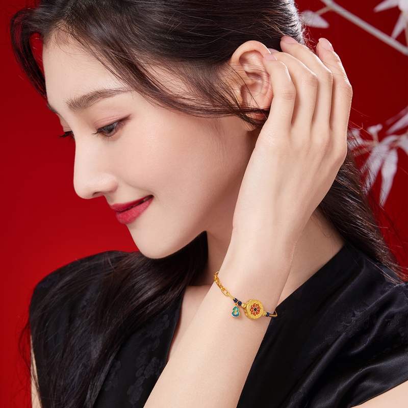 六福珠宝福满传家古法葫芦黄金手链女鎏彩工艺计价F63TBGB0046