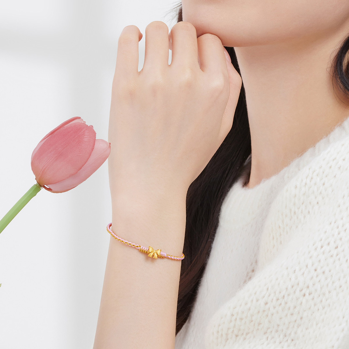 六福珠宝蝴蝶结黄金转运珠女硬金路路通手绳足金定价L37A1TBB0011