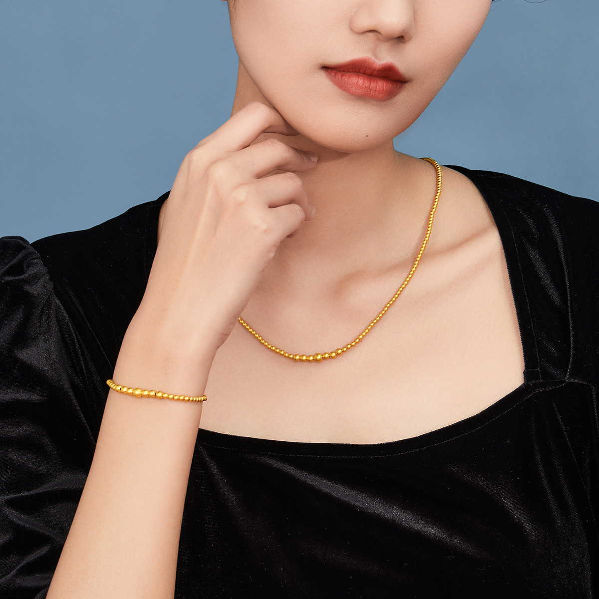 六福珠宝小金珠手链女福满传家黄金手串足金首饰计价F48TBGB0004