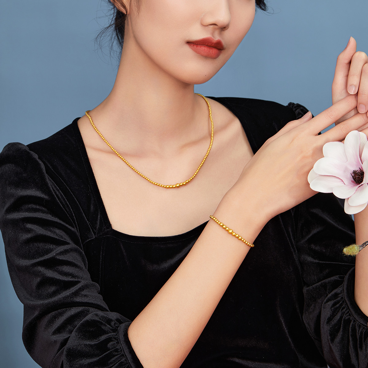 六福珠宝小金珠手链女福满传家黄金手串足金首饰计价F48TBGB0004