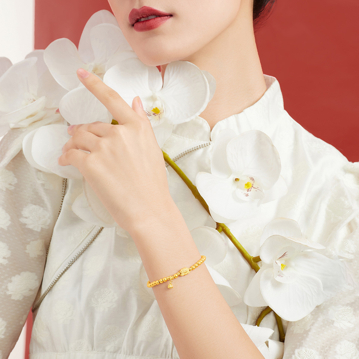 六福珠宝福满传家莲花黄金手链女金珠手串足金计价F63TBGB0054莲3