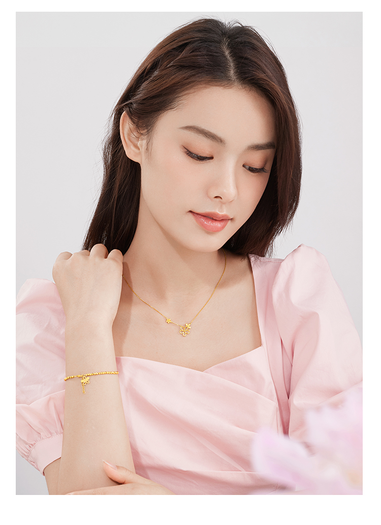 【店庆特惠】六福珠宝小花朵足金吊坠O字黄金项链女花绽套链计价HXGTBN0027