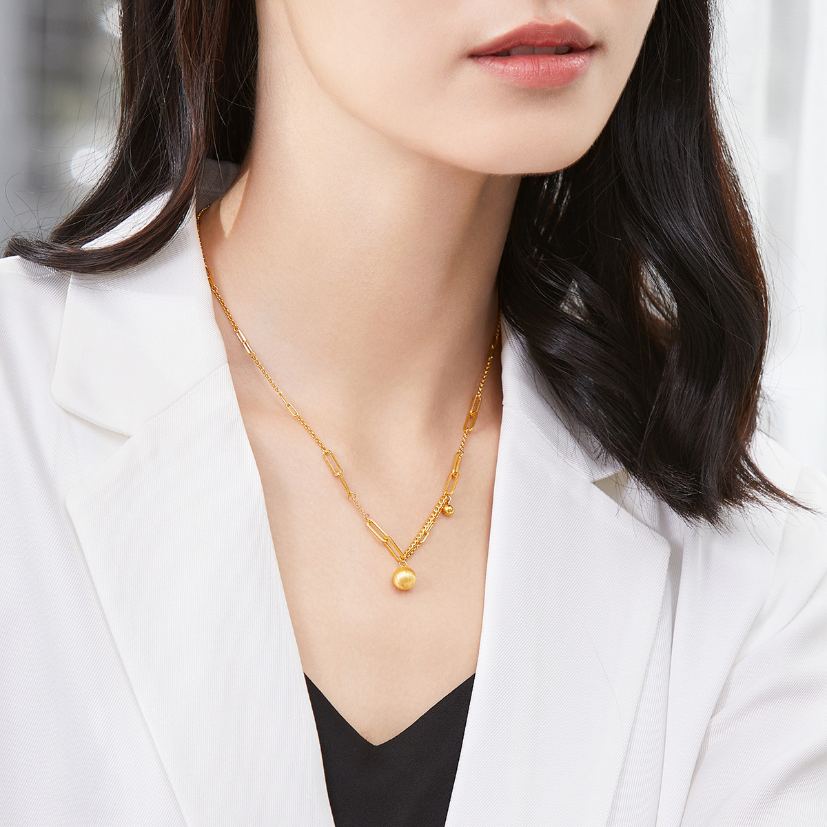 六福珠宝有球币应黄金项链女小金球吊坠光影金套链计价GJGTBN0003【联系客服补货】