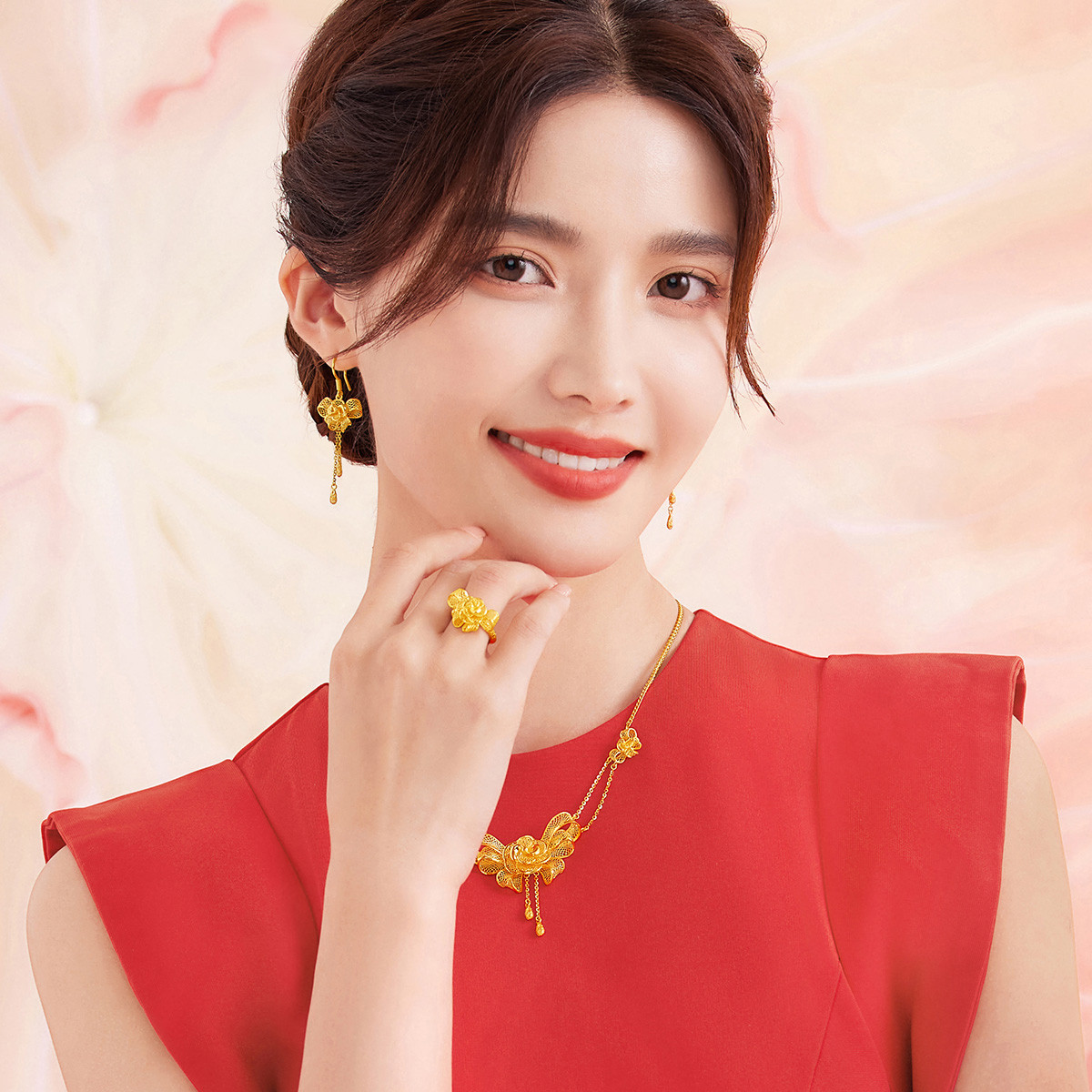 六福珠宝花丝蝴蝶结黄金项链女婚嫁礼可刻字金套链计价GDGTBN0043【联系客服补货】