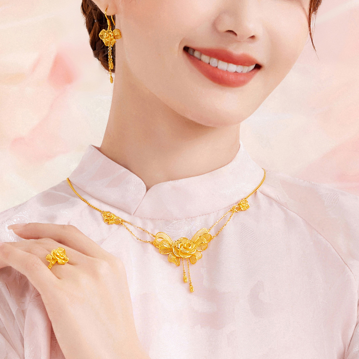 六福珠宝花丝蝴蝶结黄金项链女婚嫁礼可刻字金套链计价GDGTBN0043【联系客服补货】