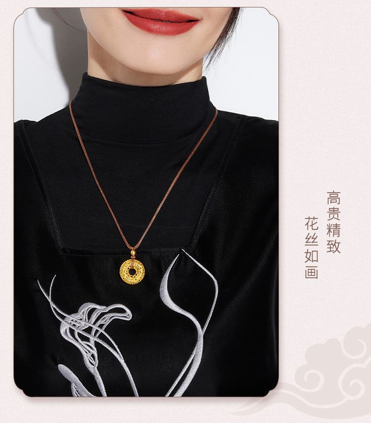 六福珠宝花丝镂空黄金吊坠项链女莲花足金平安扣计价EZGTBP0001【1V1直播看货】