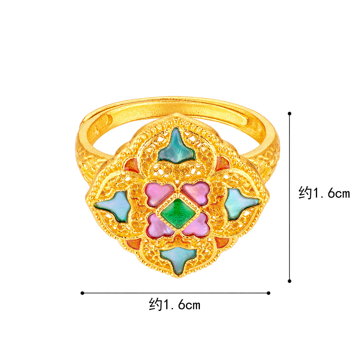 六福珠宝福满传家锦绣花窗黄金戒指螺钿鎏彩工艺送妈妈赏花计价L17TBGR0010母亲节