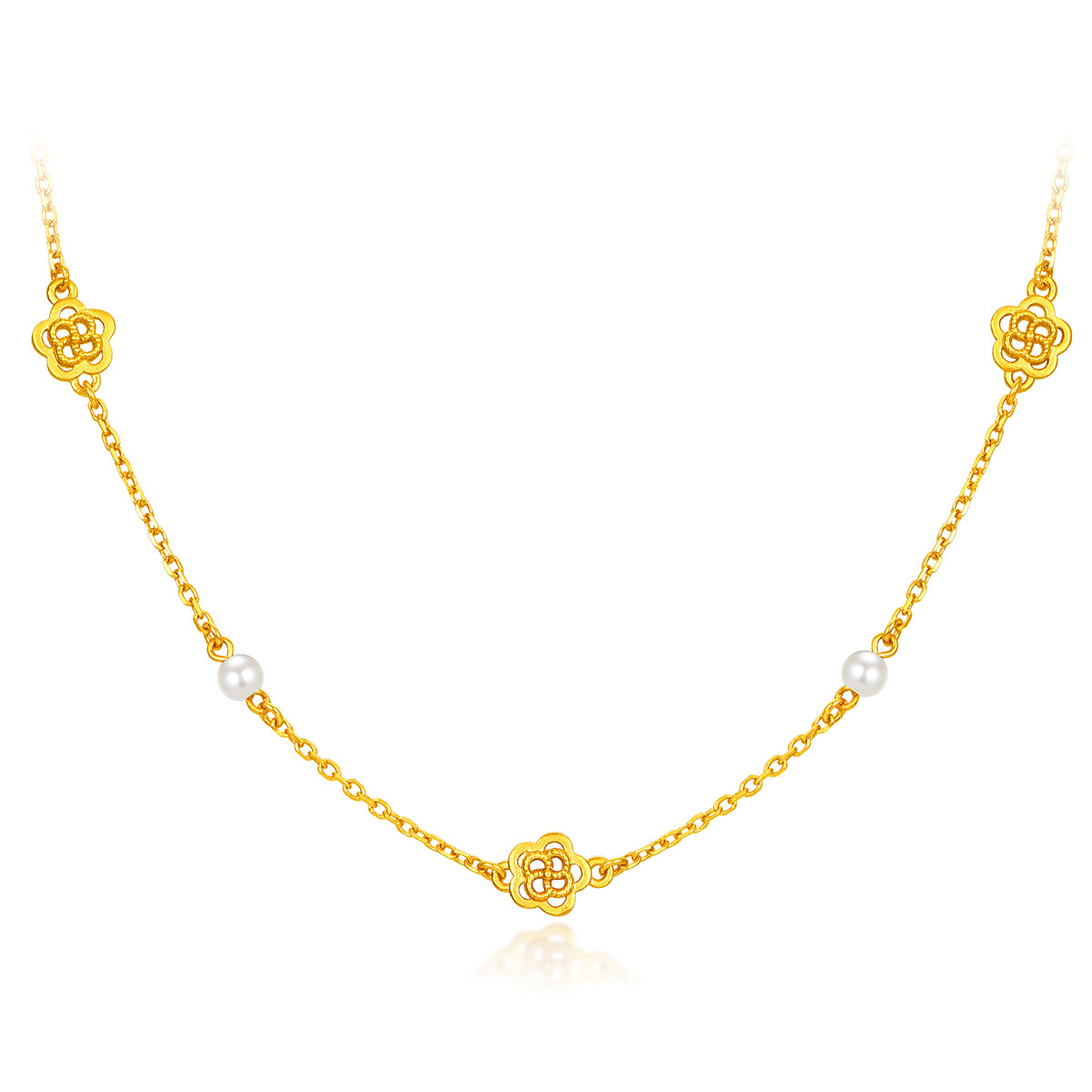 六福珠宝玫瑰花黄金项链女款法式珍珠套链足金链子计价GJGTBN0040