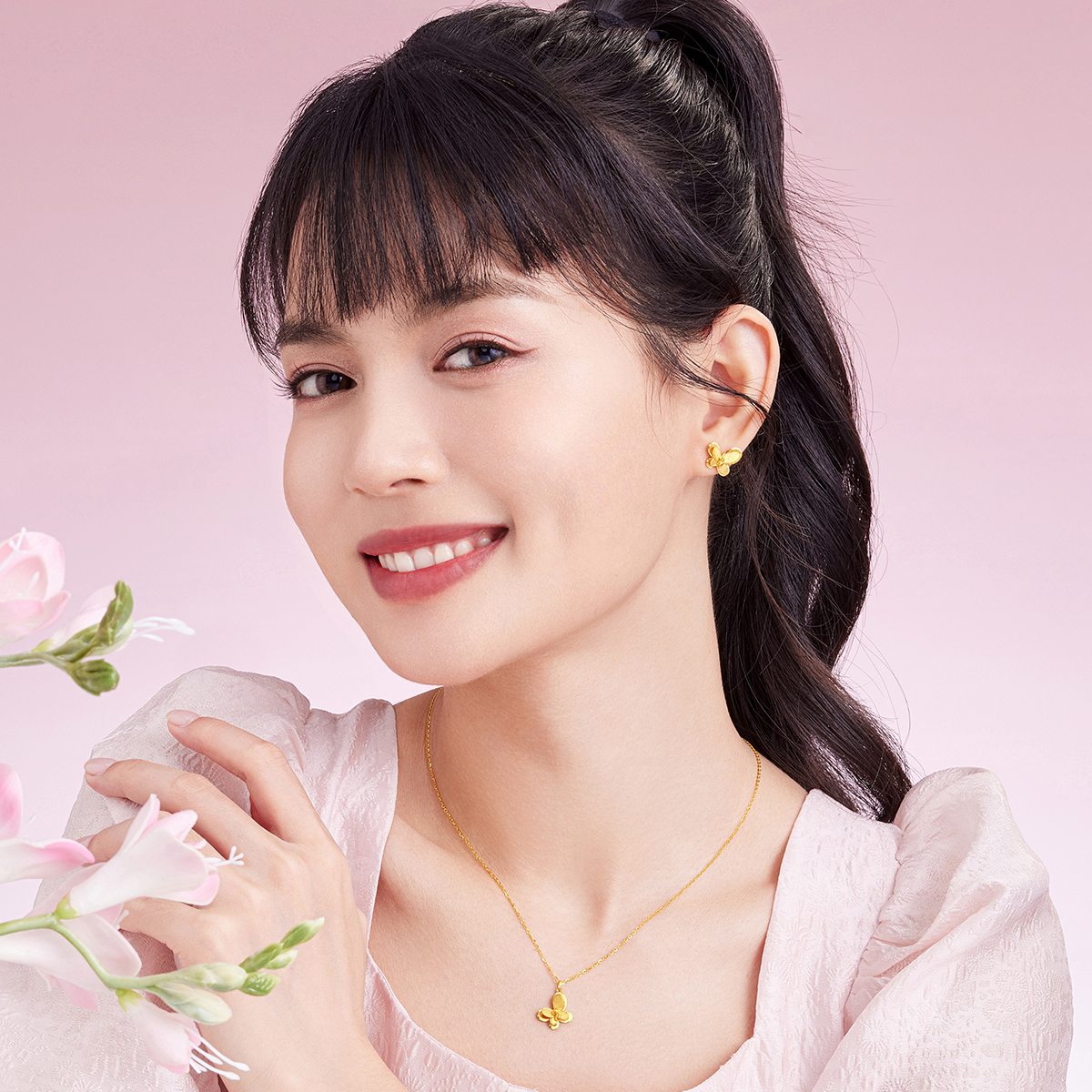 六福珠宝蝴蝶黄金耳钉耳环女拉丝金耳饰足金计价GJGTBE0008【联系客服补货】