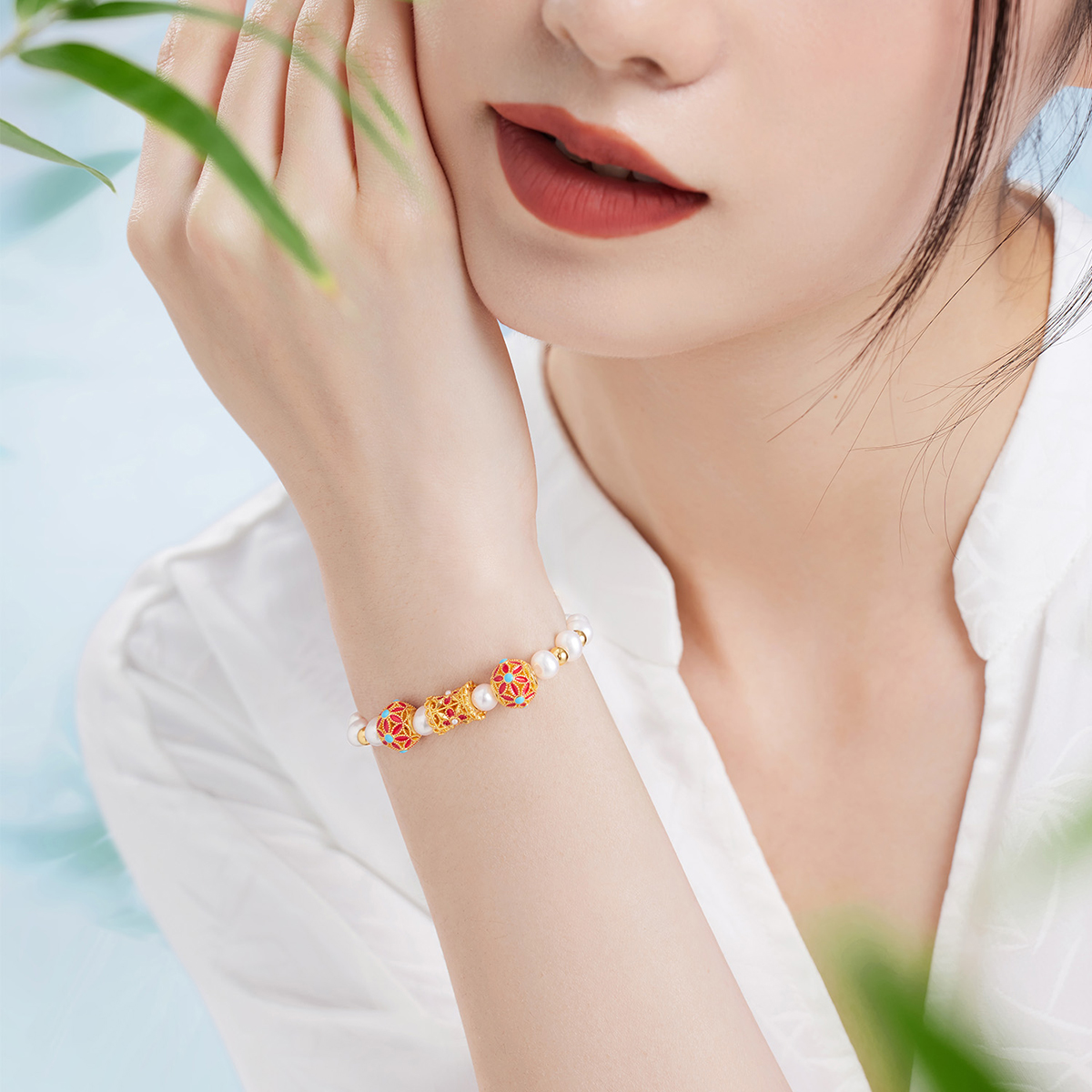 六福珠宝花韵黄金转运珠路路通镶珍珠女足金DIY串珠赏花定价FIA1TBP0005绿色