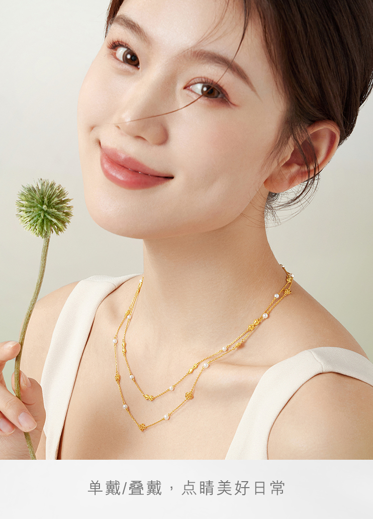 六福珠宝玫瑰花黄金项链女款法式珍珠套链足金链子计价GJGTBN0040