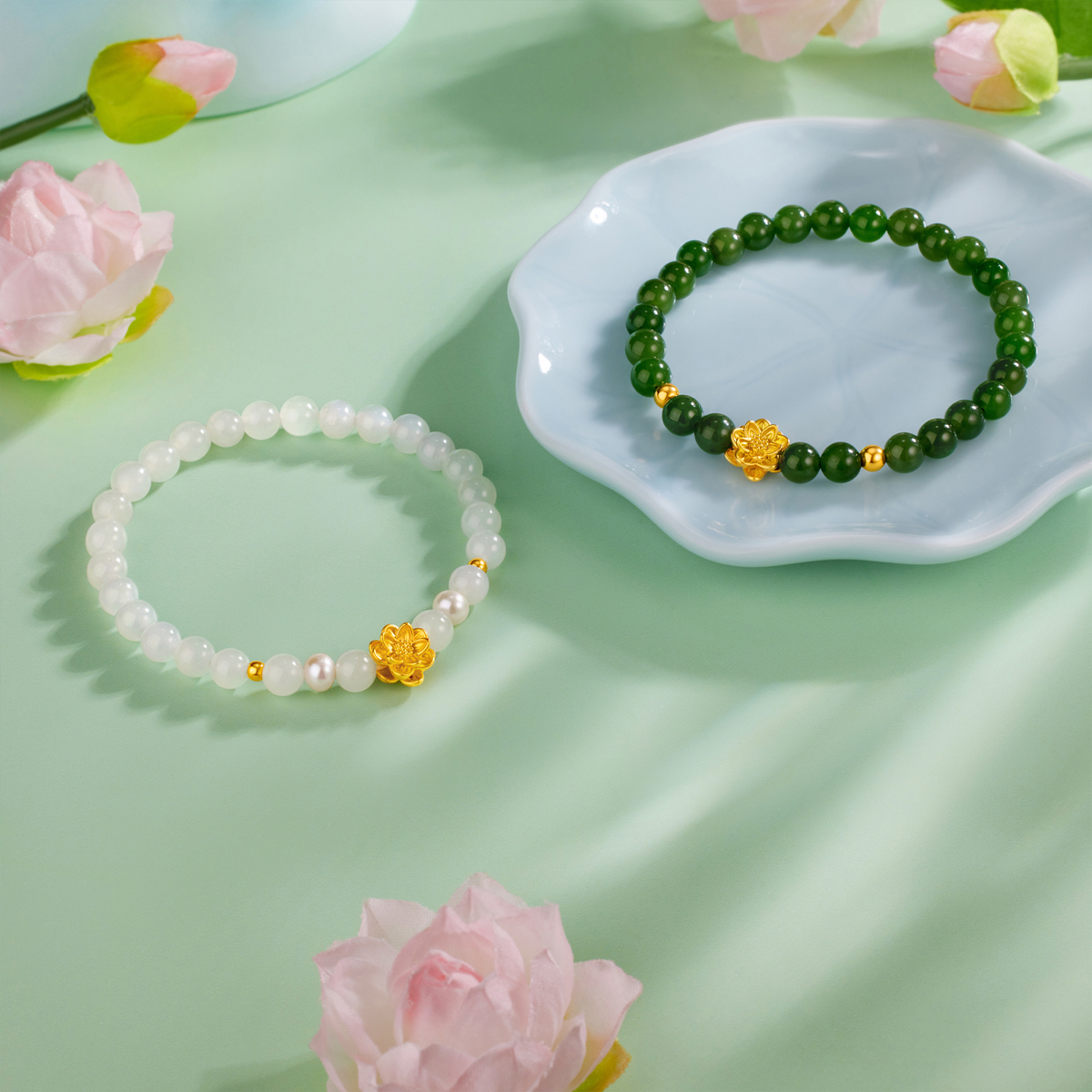 六福珠宝百花赐福莲花黄金手链转运珠和田玉手串定价G31TBA1B0011绿色莲1