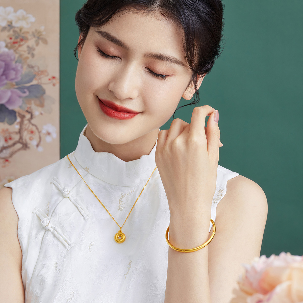 六福珠宝福满传家四福古法黄金手镯女款足金镯子送礼计价000515A1【联系客服补货】【1V1直播看货】