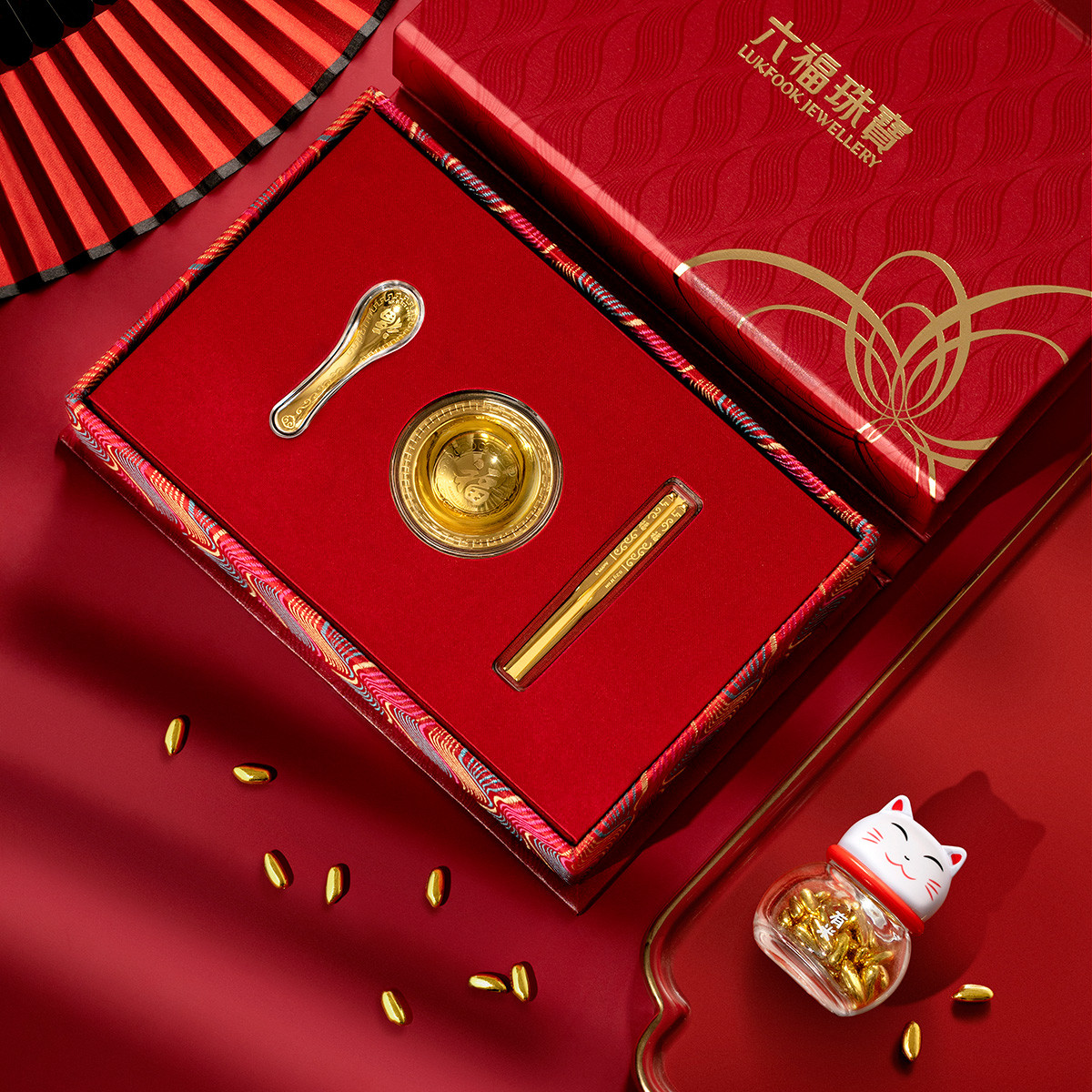 六福珠宝足金摆件吉祥有福金饭碗黄金礼盒端午送礼定价HNA10029摆件榜