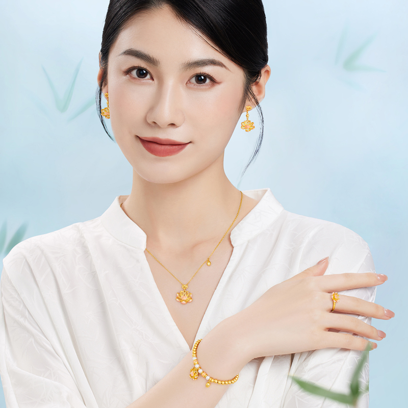 六福珠宝福满传家宋韵思莲黄金项链女金莲花送妈妈赏花计价GDGTBN0049莲2