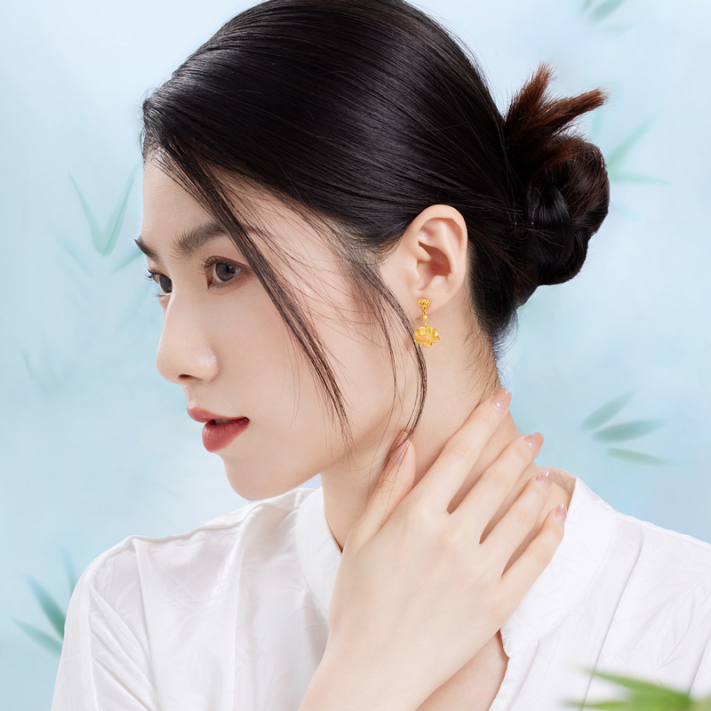 六福珠宝福满传家宋韵思莲黄金女款金耳环耳饰送妈妈莲花赏花计价GDGTBE0068莲2