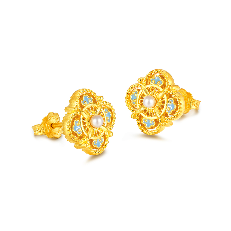 六福珠宝福满传家宋韵四合如意黄金耳钉女珍珠金耳饰计价021988EA【联系客服补货】