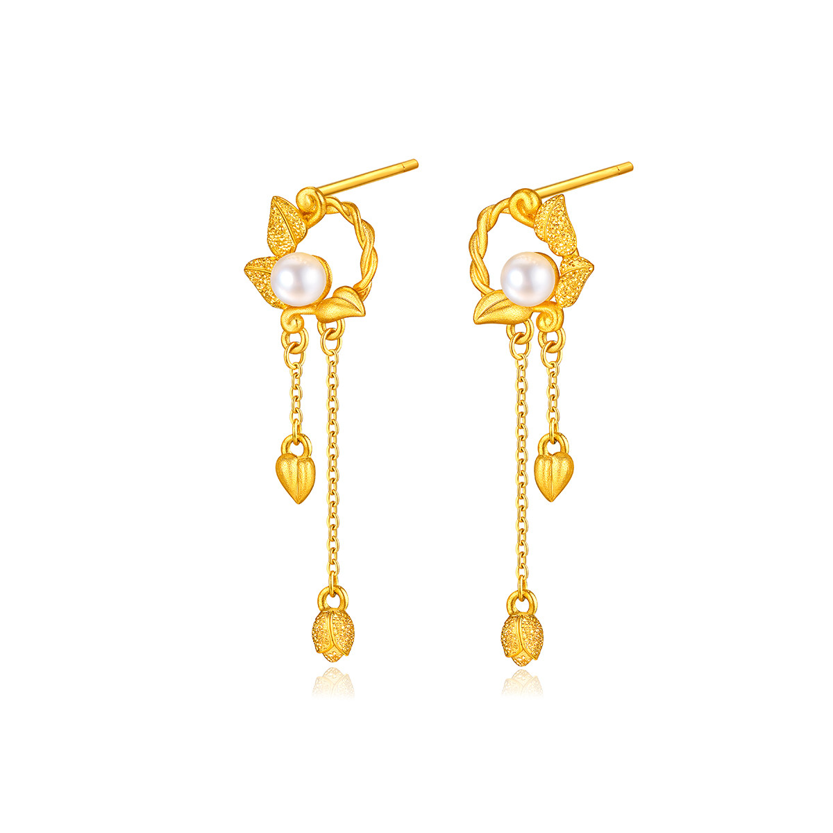 六福珠宝黄金耳钉女常春藤淡水珍珠足金耳饰送礼计价HXGTBE0009【联系客服补货】