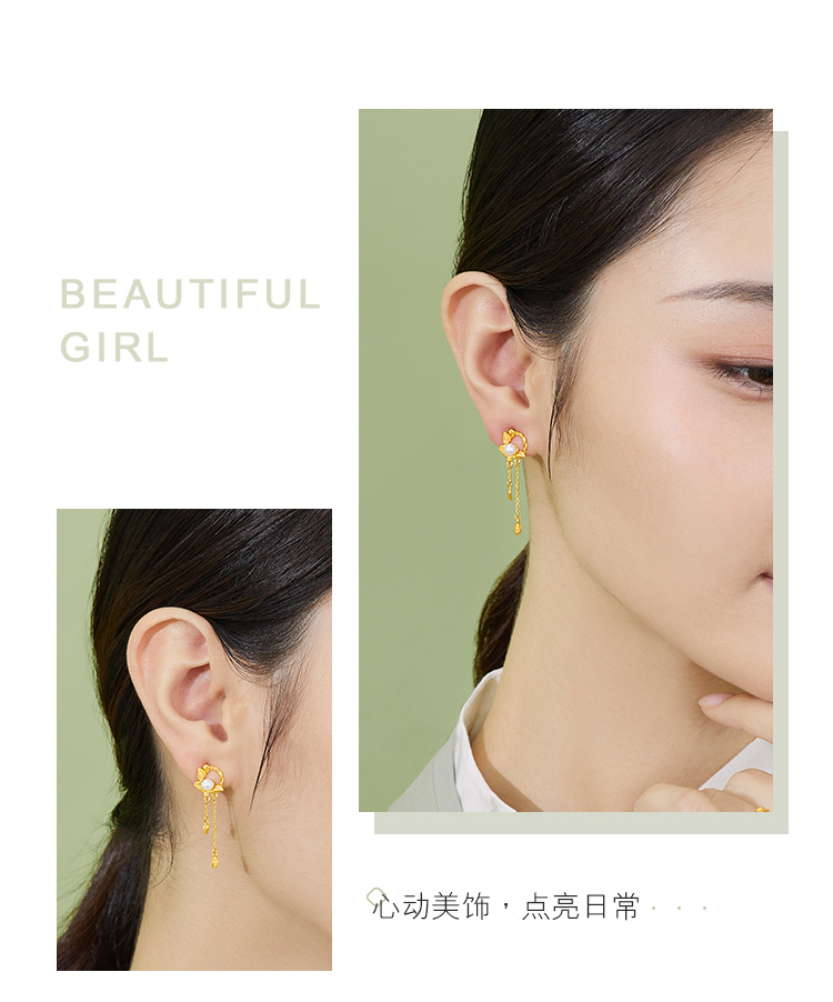 六福珠宝黄金耳钉女常春藤淡水珍珠足金耳饰送礼计价HXGTBE0009