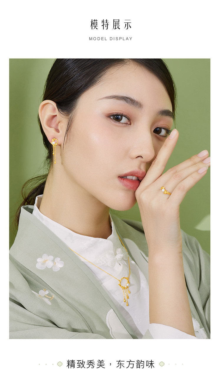 六福珠宝黄金耳钉女常春藤淡水珍珠足金耳饰送礼计价HXGTBE0009