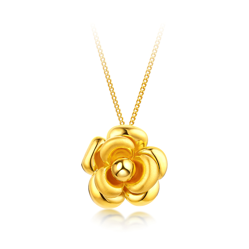 六福珠宝山茶花黄金项链女款光面5D硬金吊坠套链计价A01TBGN0015【1V1直播看货】