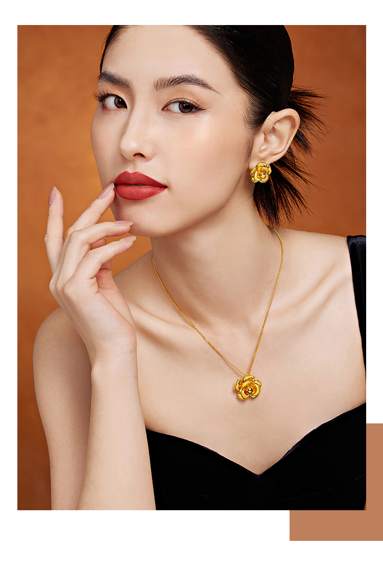 六福珠宝山茶花黄金项链女款光面5D硬金吊坠套链计价A01TBGN0015【1V1直播看货】