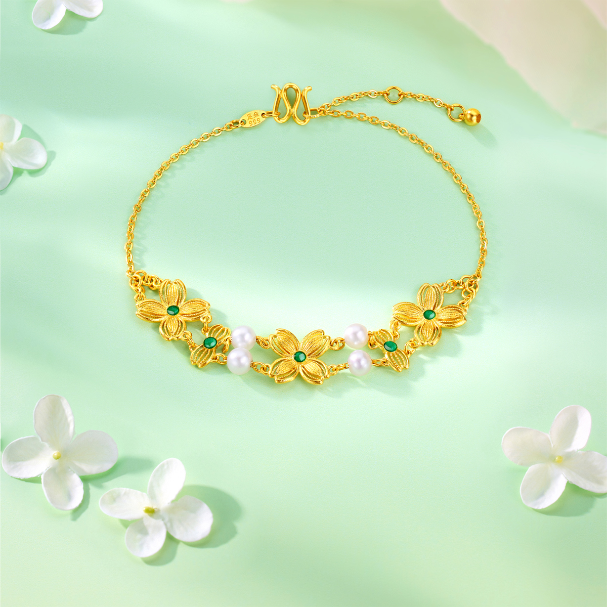 六福珠宝福满传家花团锦绣黄金手链女四叶草挂坠计价F48TBGB0016【联系客服补货】绿色
