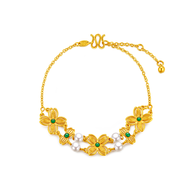 六福珠宝福满传家花团锦绣黄金手链女四叶草挂坠计价F48TBGB0016【联系客服补货】绿色