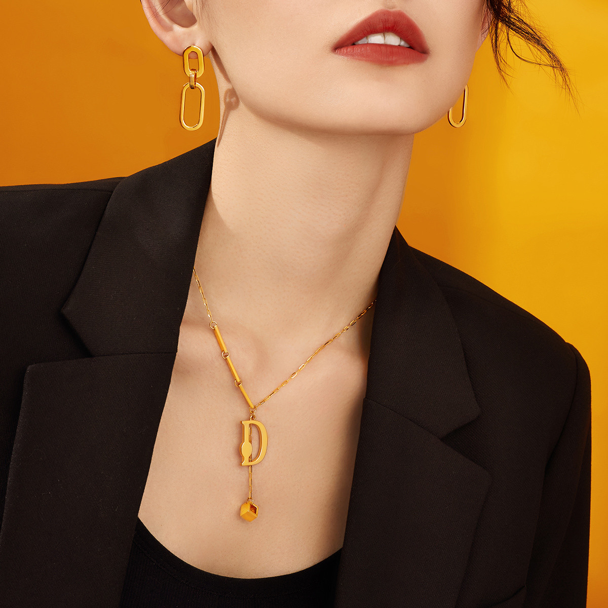 六福珠宝D字黄金项链女套链足金硬金工艺含延长链计价L28TBGN0001