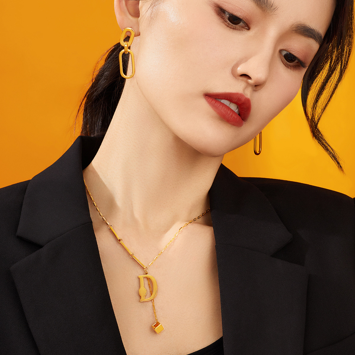 六福珠宝D字黄金项链女套链足金硬金工艺含延长链计价L28TBGN0001