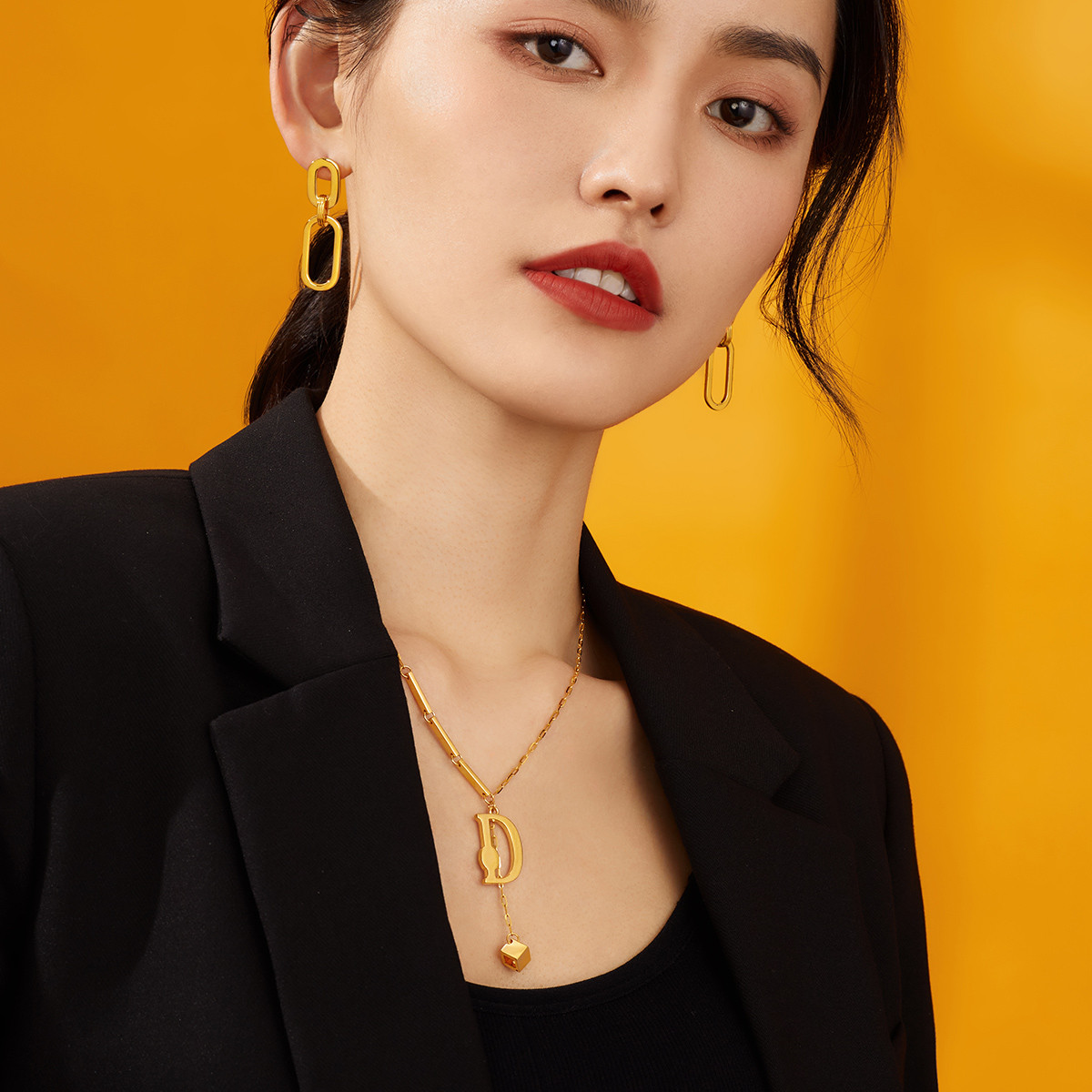 六福珠宝D字黄金项链女套链足金硬金工艺含延长链计价L28TBGN0001