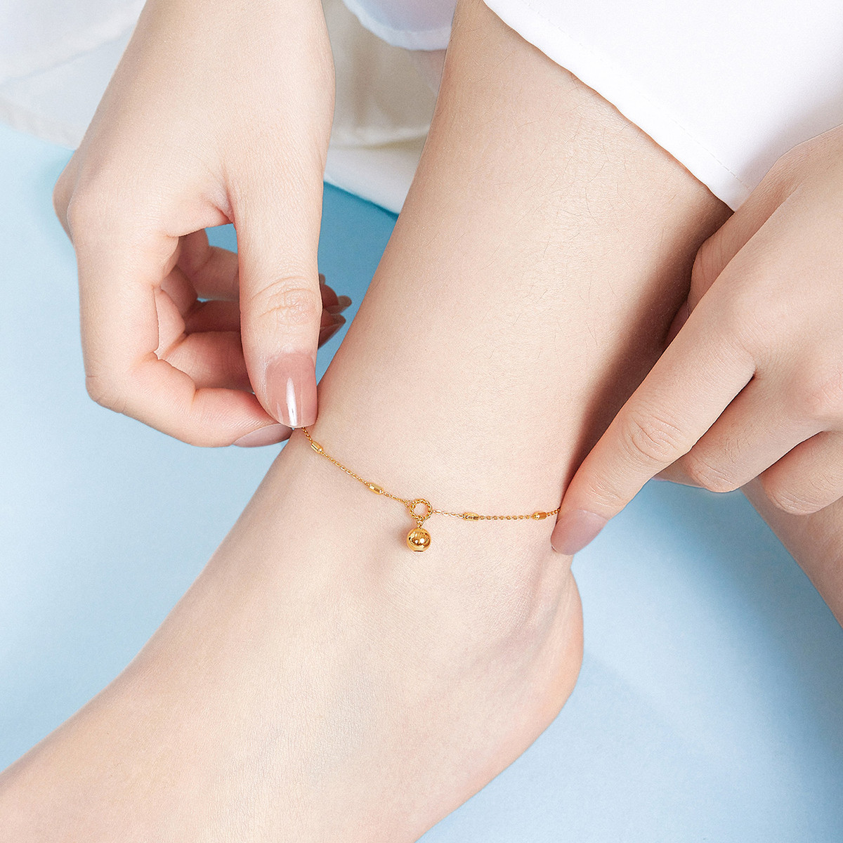 六福珠宝小金球黄金脚链女款时尚金珠足链脚饰计价F63TBGB0134
