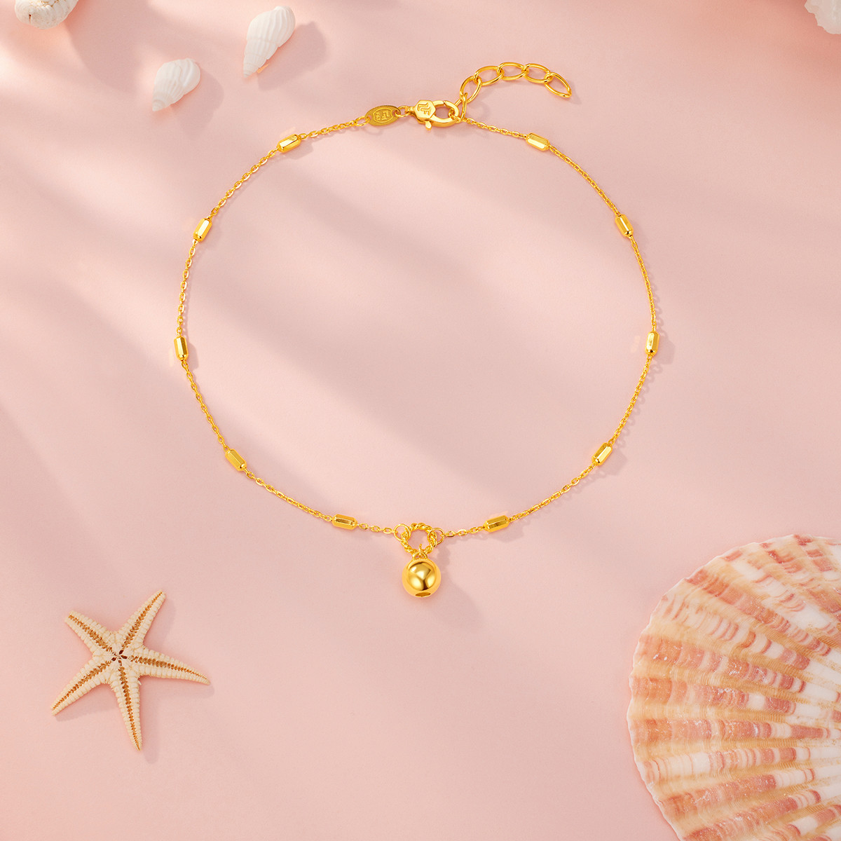 六福珠宝小金球黄金脚链女款时尚金珠足链脚饰计价F63TBGB0134