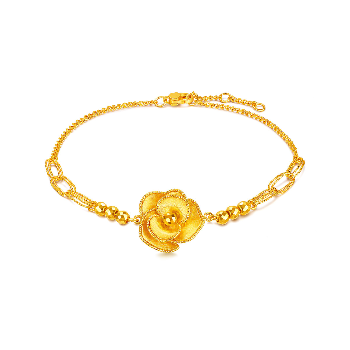 六福珠宝丝绸金玫瑰花黄金手链女款拉丝足金蹦迪珠计价GJGTBB0019